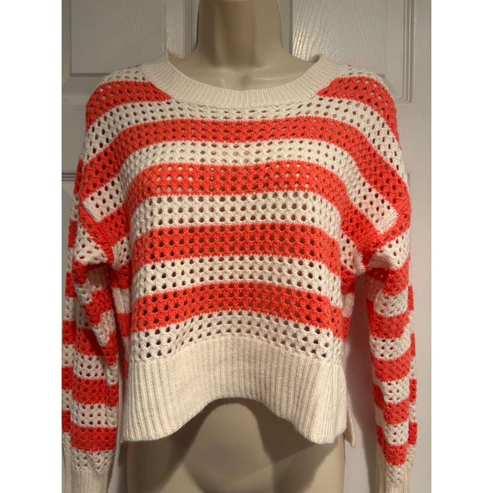 Pink Rose Open Knit Striped Sweater Coral Orange Cream Small Cropped Boho
